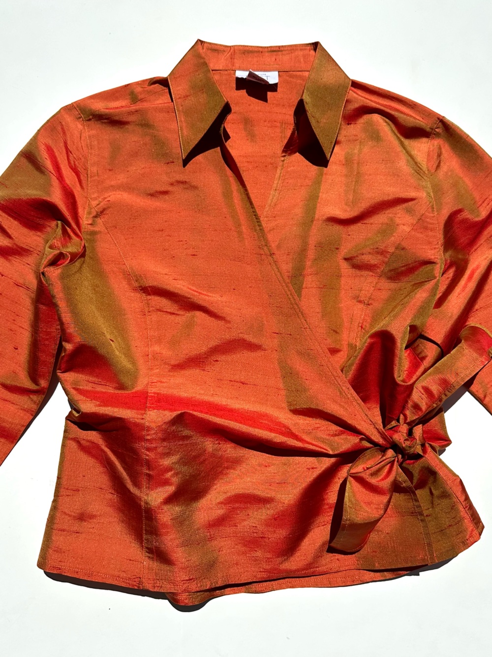 Ann Taylor Dupioni Silk Rust Orange Wrap Blouse with Side Tie, 8 - Picture 3 of 14